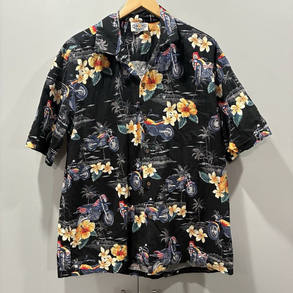 Pacific Legend Hawaiian Floral Shirt XL Black Motorcycle Aloha USA Flag Chopper